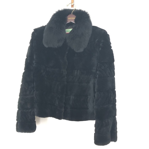 Real 100 rabbit fur jacket with real fox collar & pockets black medium - Picture 3 of 13
